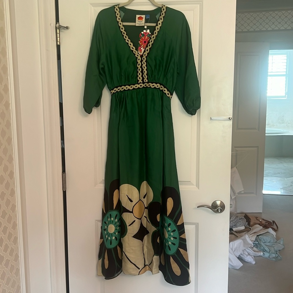 Beautiful Farm Rio silk dress. Green with black and gold detail.